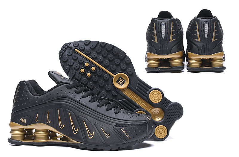 2019 Nike Shox R4 Small Swoosh Black Gold Shoes